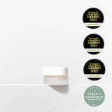 Cosmetic product with multiple award badges on a white background