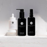 Three black bottles with pump dispensers labeled 'Wildcrafted Organics' on a light gray background.